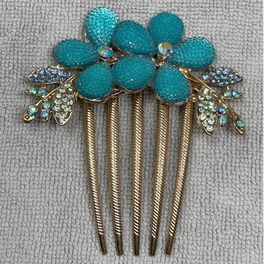 Gold Tone Turquoise Floral Rhinestone Hair Comb Crystal Leaf Bridal‎ Accessory
